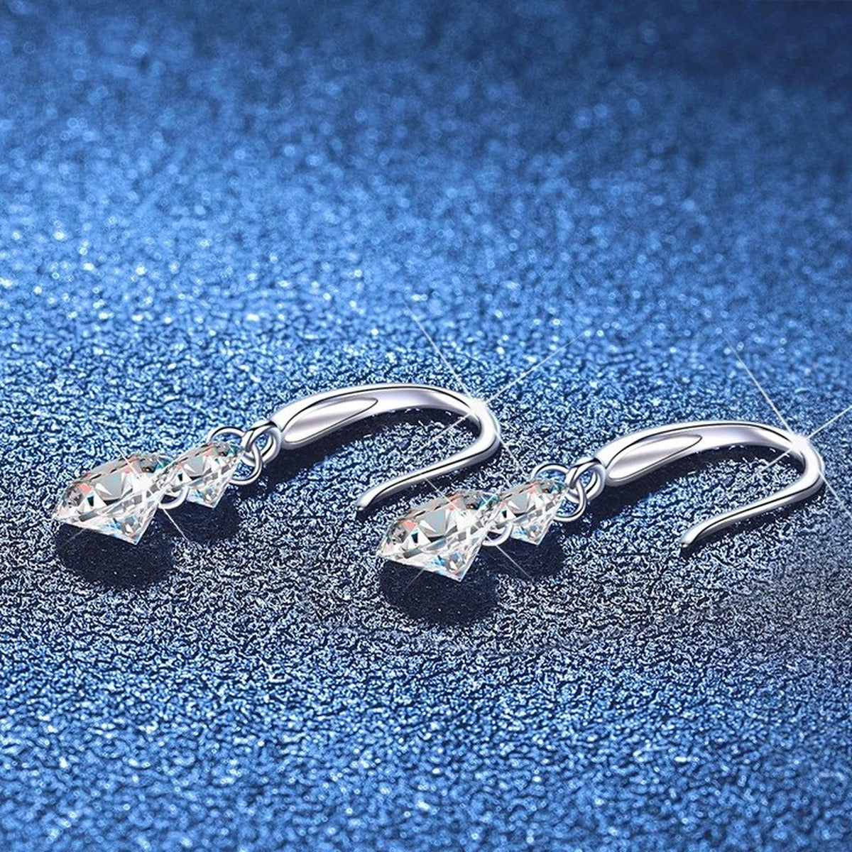 Two-Stone Moissanite Drop Earrings in White Gold-Plated S925 Sterling Silver blue scene close-up view
