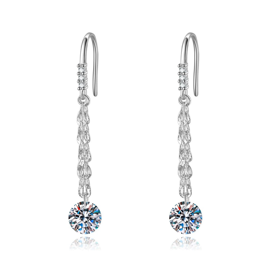 Round Moissanite Chain Drop Earrings in White Gold-Plated S925 Sterling Silver on clean white background showing a fine chain drop design finished with round moissanite stones