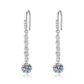 Round Moissanite Chain Drop Earrings in White Gold-Plated S925 Sterling Silver on clean white background showing a fine chain drop design finished with round moissanite stones