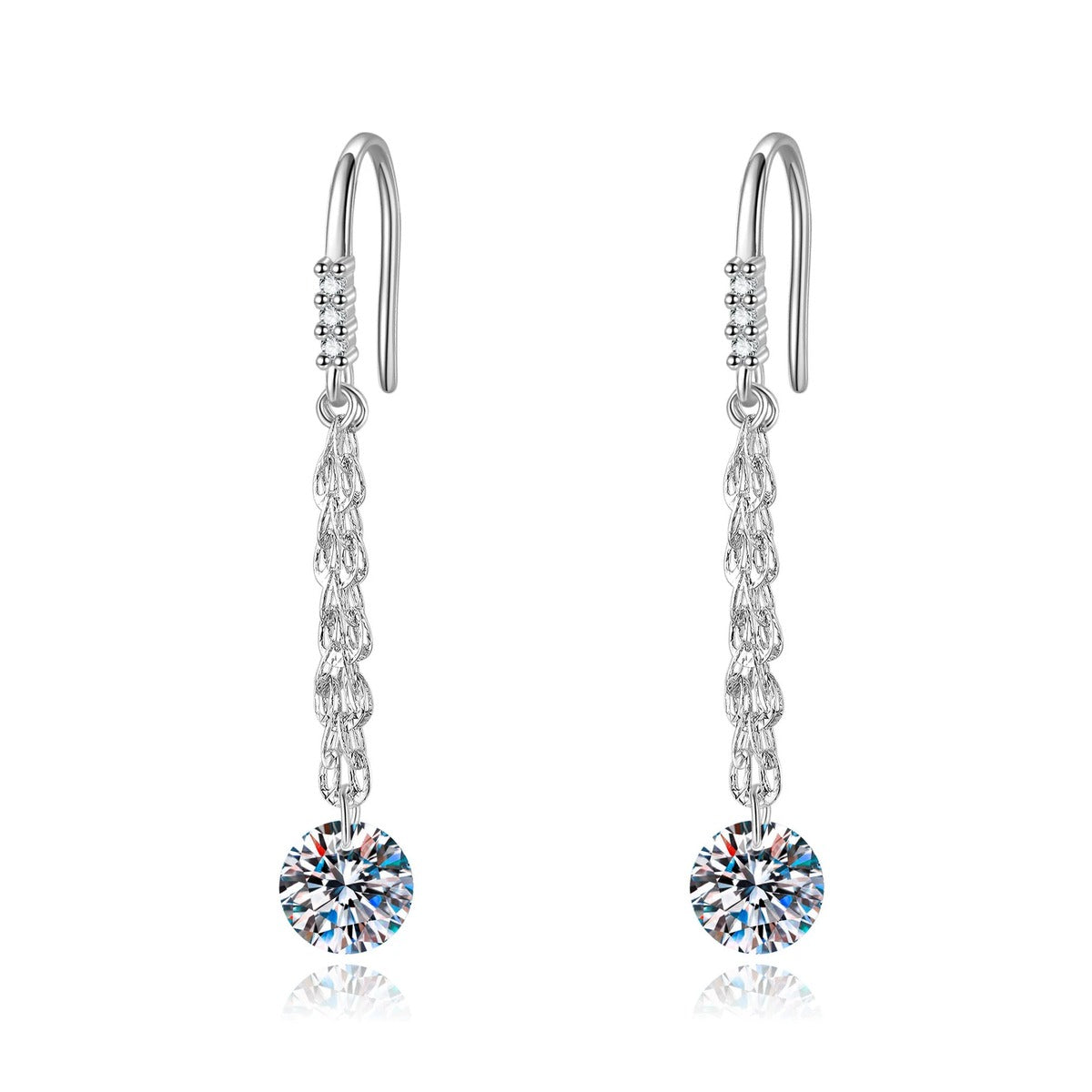 Round Moissanite Chain Drop Earrings in White Gold-Plated S925 Sterling Silver on clean white background showing a fine chain drop design finished with round moissanite stones