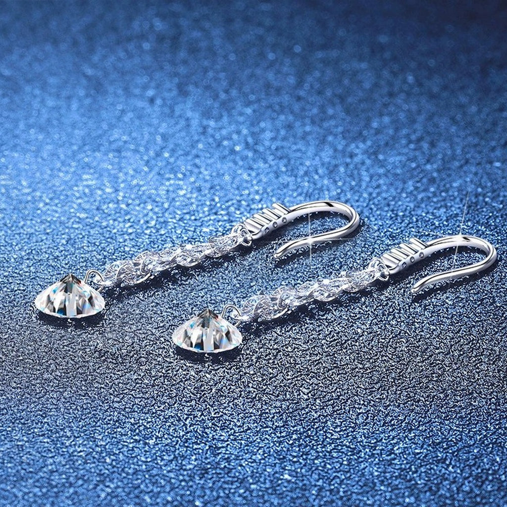 Round Moissanite Chain Drop Earrings in White Gold-Plated S925 Sterling Silver blue scene product view