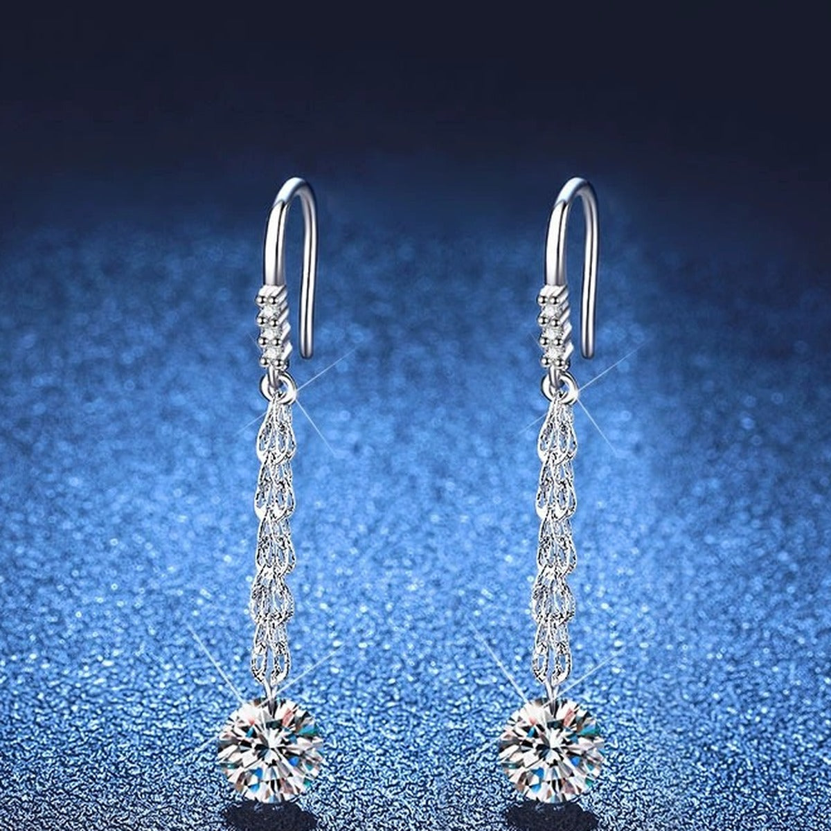 Round Moissanite Chain Drop Earrings in White Gold-Plated S925 Sterling Silver blue scene angled view