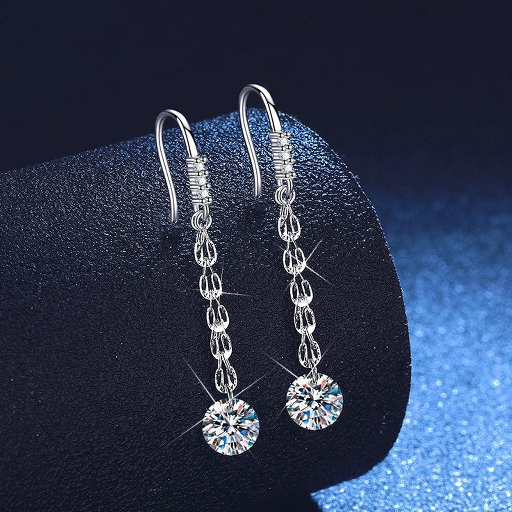 Round Moissanite Chain Drop Earrings in White Gold-Plated S925 Sterling Silver dark background product display view