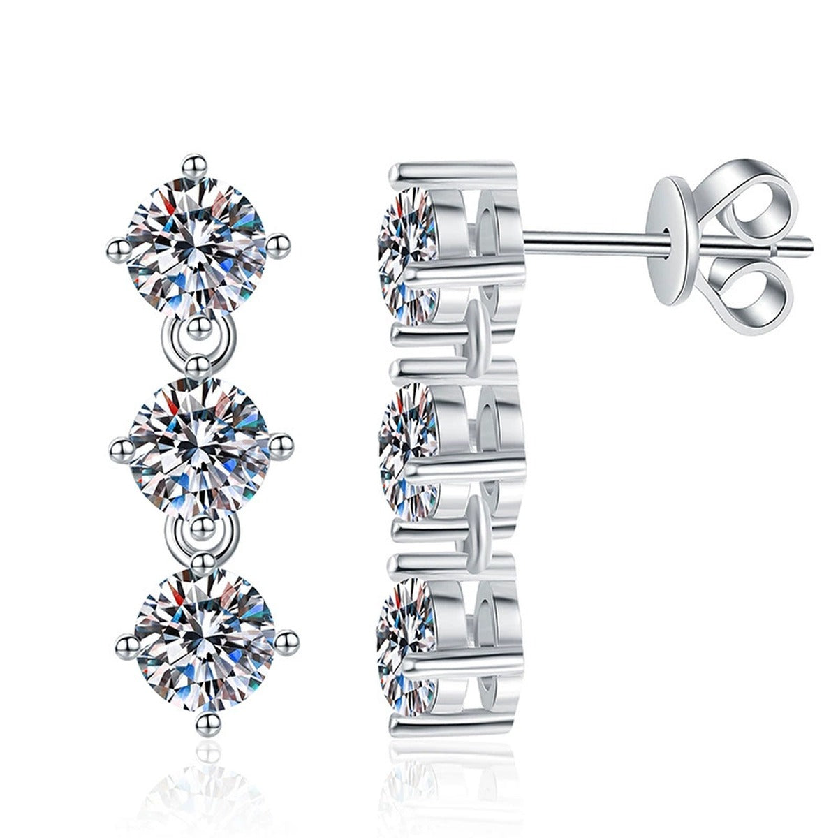 Three-Stone Moissanite Stud Earrings in White Gold-Plated S925 Sterling Silver on clean white background showing a vertical three-stone stud with round moissanite stones