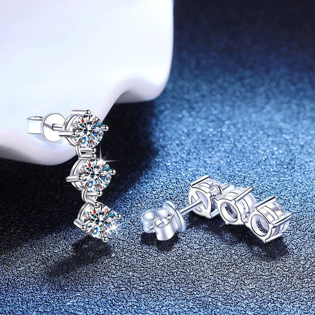 Three-Stone Moissanite Stud Earrings in White Gold-Plated S925 Sterling Silver blue scene product view