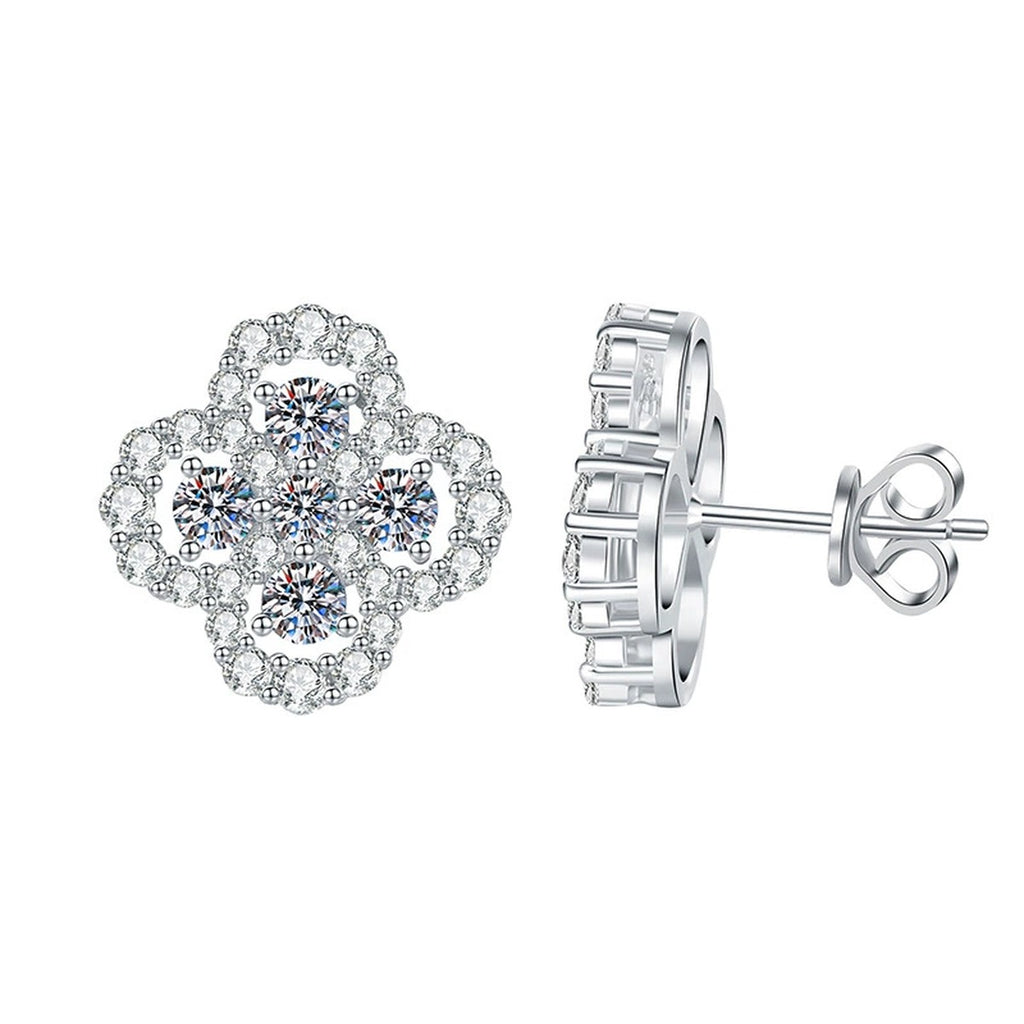 Clover Cluster Moissanite Stud Earrings with CZ in White Gold-Plated S925 Sterling Silver on clean white background showing a clover-like cluster stud with round moissanite sparkle