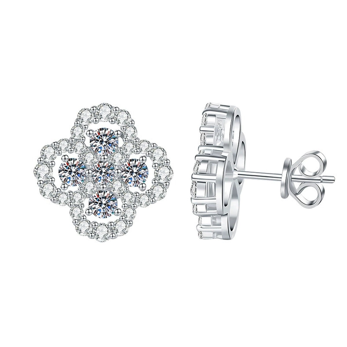 Clover Cluster Moissanite Stud Earrings with CZ in White Gold-Plated S925 Sterling Silver on clean white background showing a clover-like cluster stud with round moissanite sparkle
