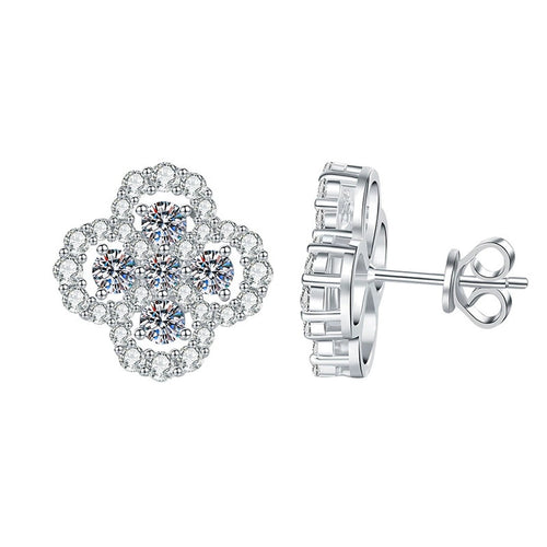 Clover Cluster Moissanite Stud Earrings with CZ in White Gold-Plated S925 Sterling Silver on clean white background showing a clover-like cluster stud with round moissanite sparkle
