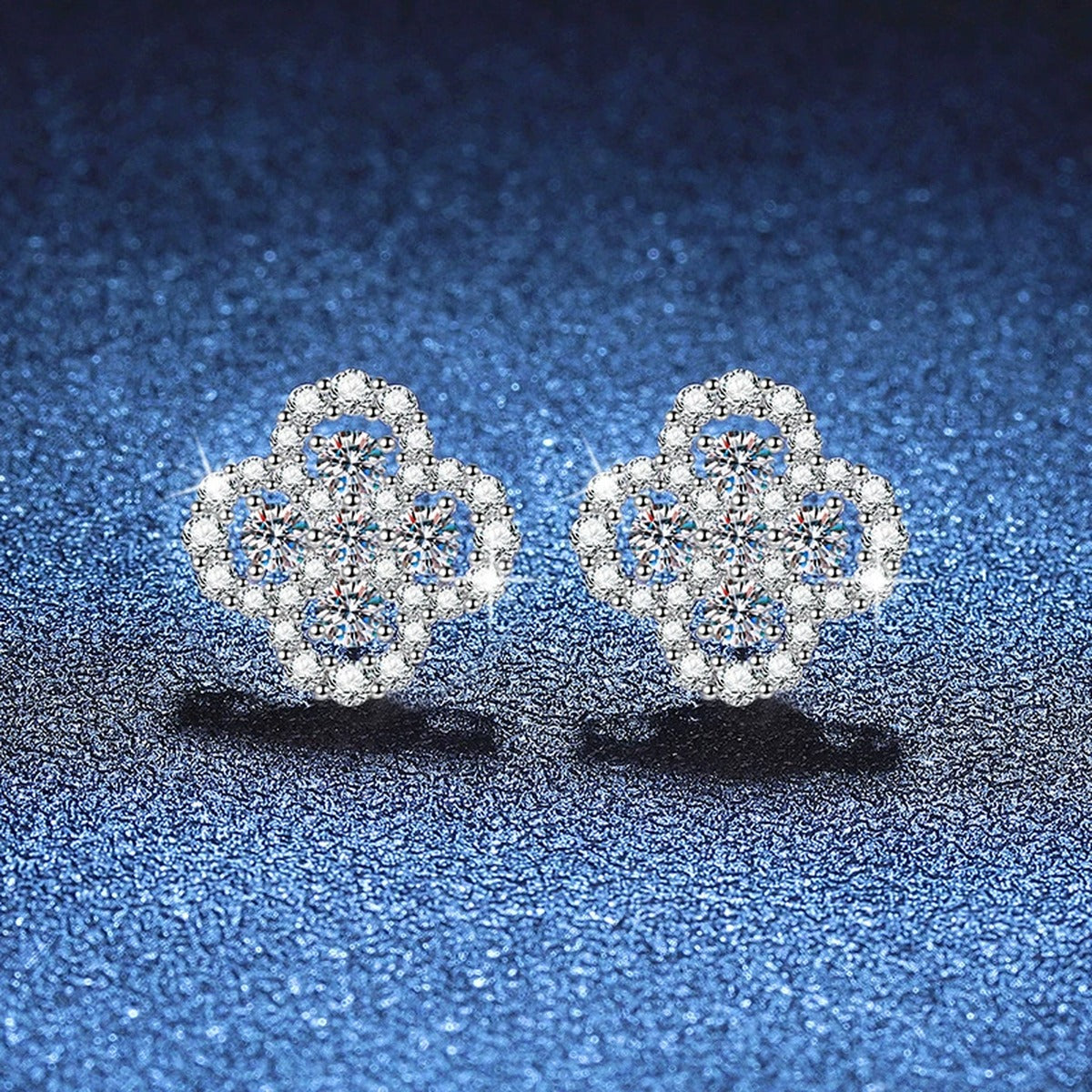 Clover Cluster Moissanite Stud Earrings with CZ in White Gold-Plated S925 Sterling Silver blue scene product view