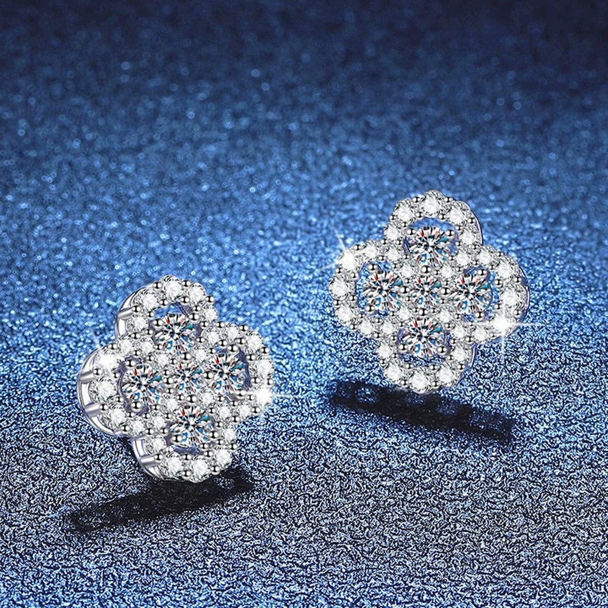 Clover Cluster Moissanite Stud Earrings with CZ in White Gold-Plated S925 Sterling Silver blue scene angled view