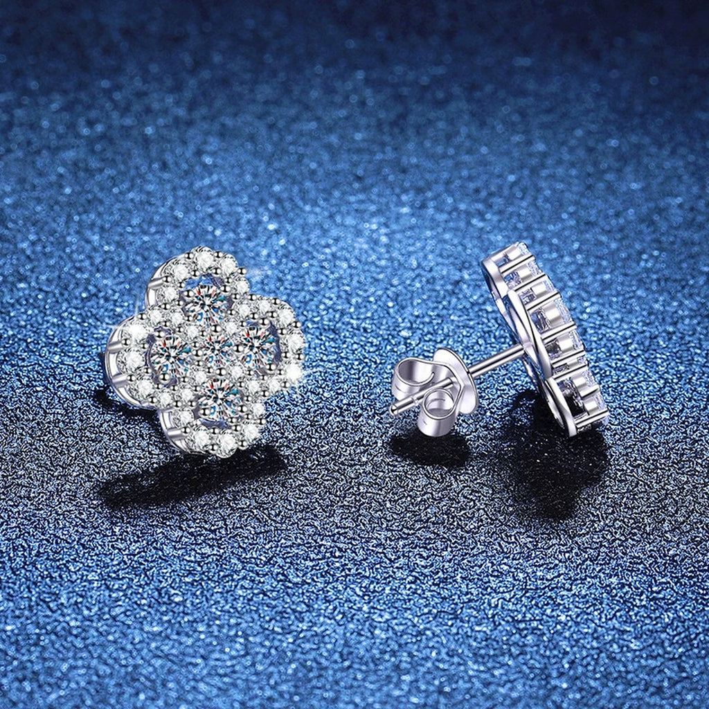 Clover Cluster Moissanite Stud Earrings with CZ in White Gold-Plated S925 Sterling Silver blue scene close-up view
