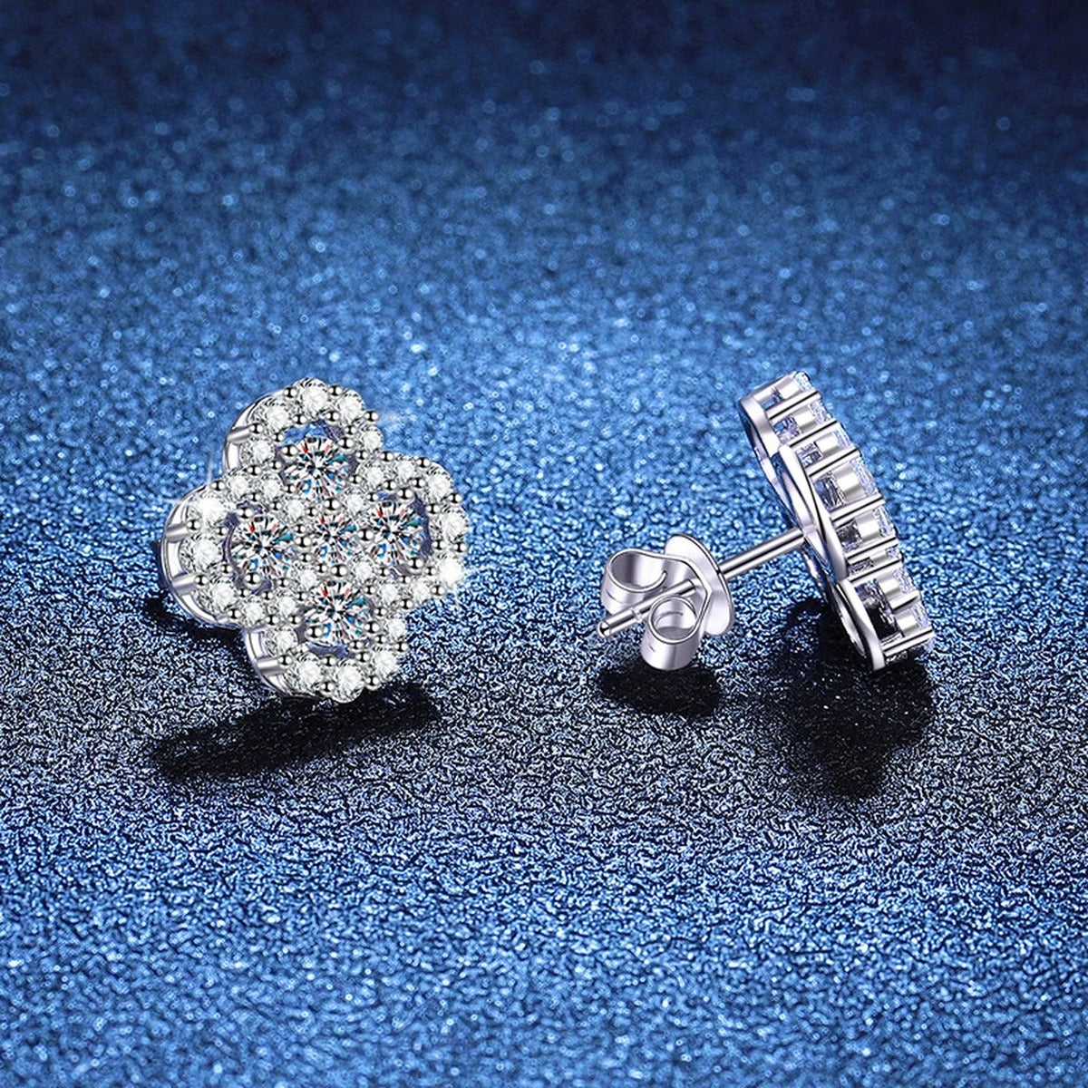Clover Cluster Moissanite Stud Earrings with CZ in White Gold-Plated S925 Sterling Silver blue scene close-up view