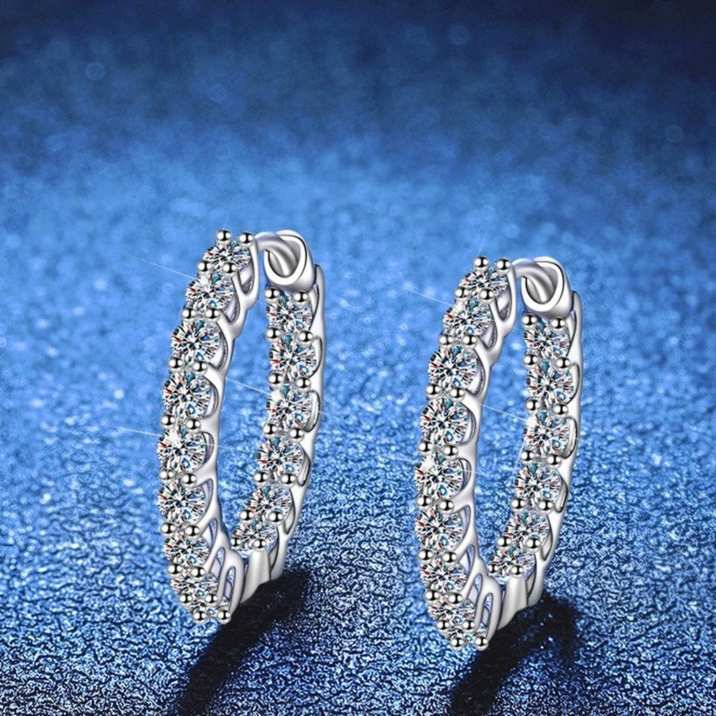 Oval Pave Moissanite Hoop Earrings in White Gold-Plated S925 Sterling Silver blue scene product view