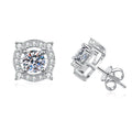 Cushion Halo Moissanite Stud Earrings with CZ in White Gold-Plated S925 Sterling Silver on clean white background showing a cushion halo stud with a round moissanite center