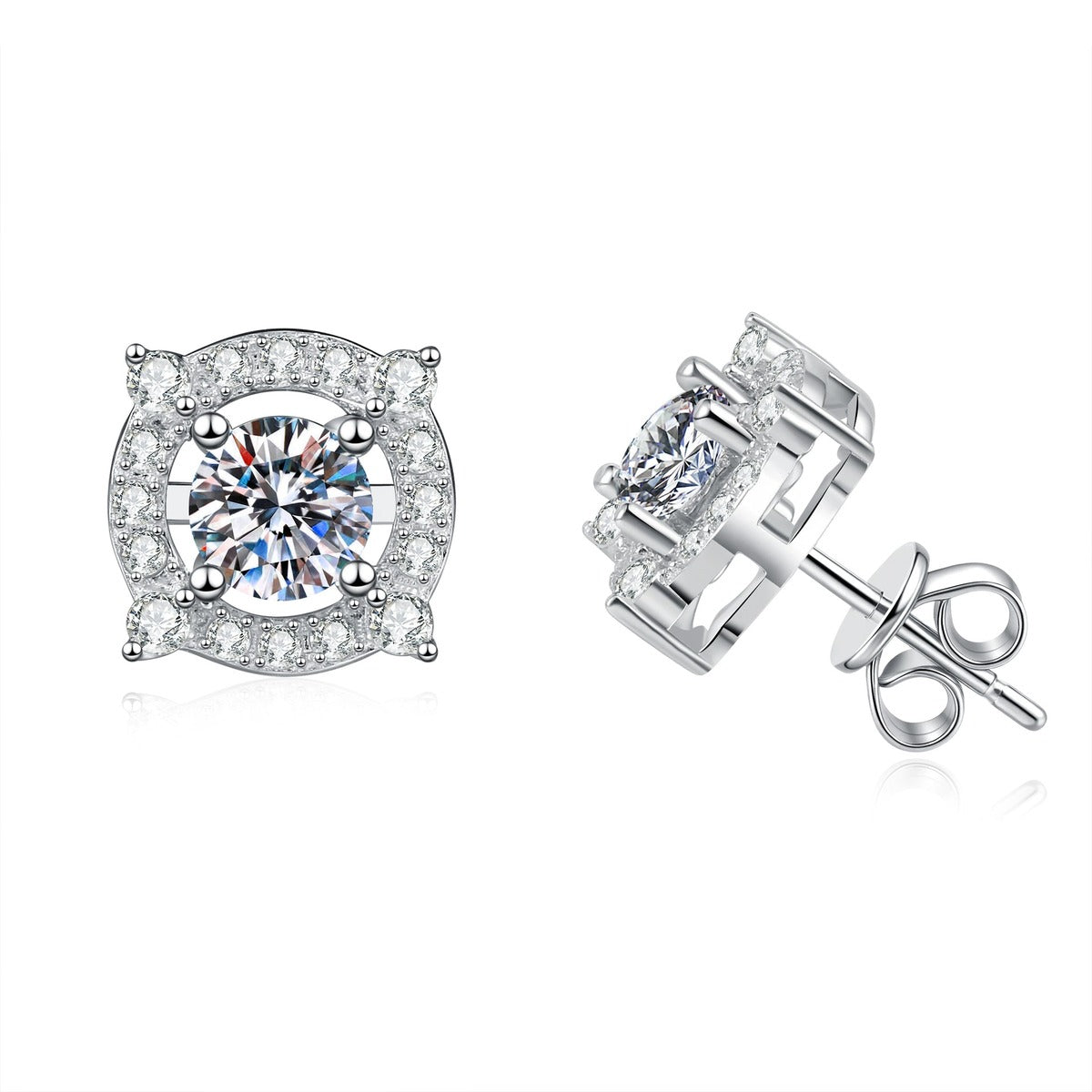 Cushion Halo Moissanite Stud Earrings with CZ in White Gold-Plated S925 Sterling Silver on clean white background showing a cushion halo stud with a round moissanite center
