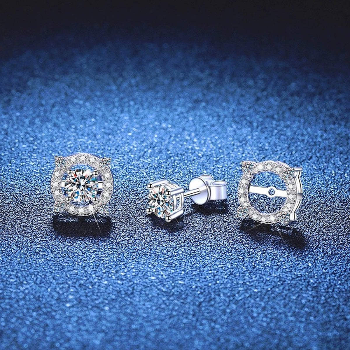 Cushion Halo Moissanite Stud Earrings with CZ in White Gold-Plated S925 Sterling Silver blue scene product view