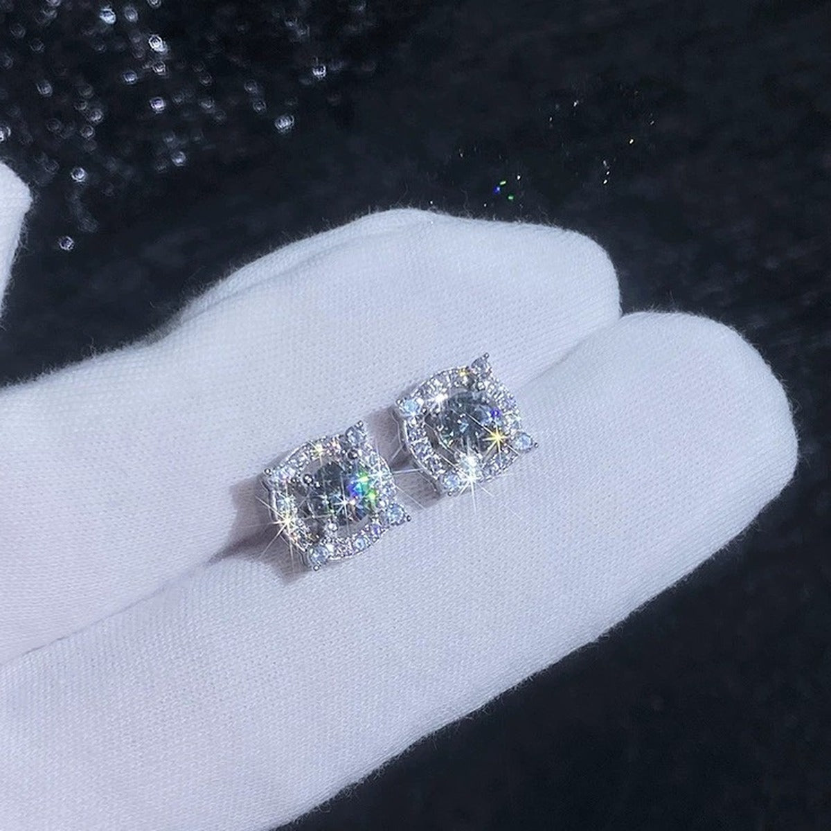 Cushion Halo Moissanite Stud Earrings with CZ in White Gold-Plated S925 Sterling Silver blue scene close-up view