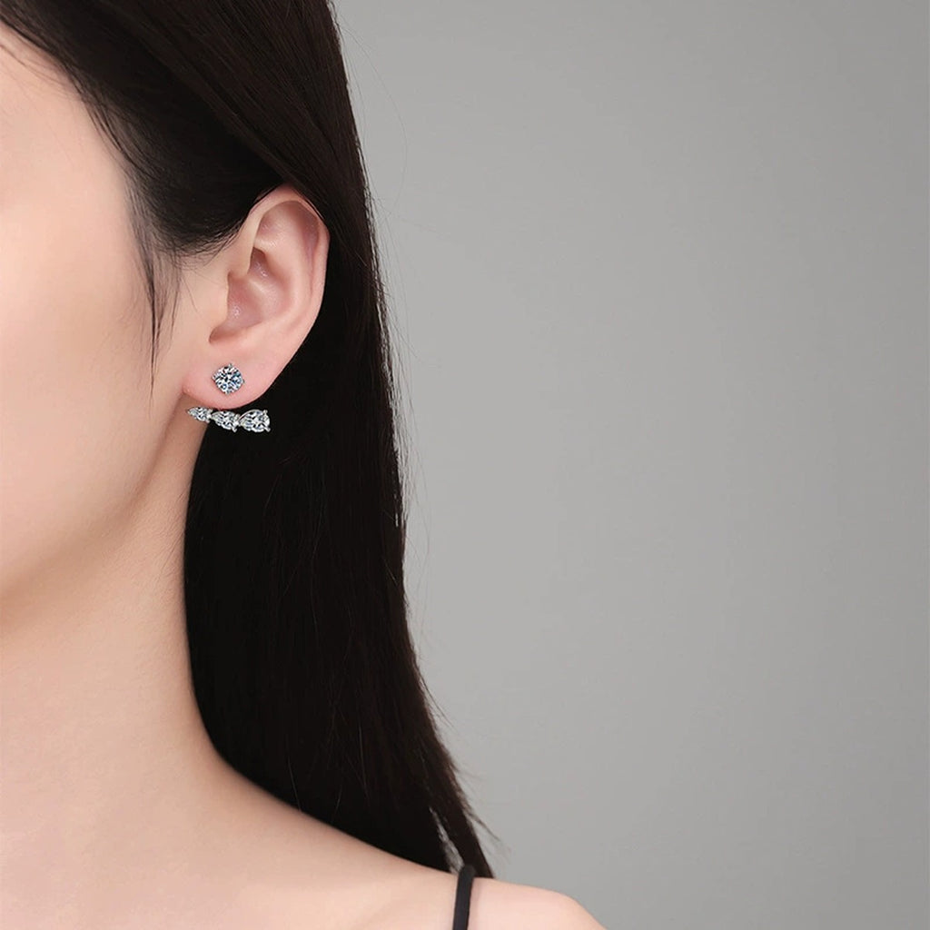 Leaf Bar Moissanite Ear Jacket Earrings with CZ in White Gold-Plated S925 Sterling Silver worn on ear by model