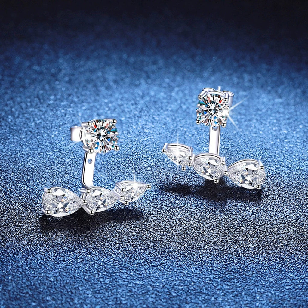 Leaf Bar Moissanite Ear Jacket Earrings with CZ in White Gold-Plated S925 Sterling Silver blue scene product view