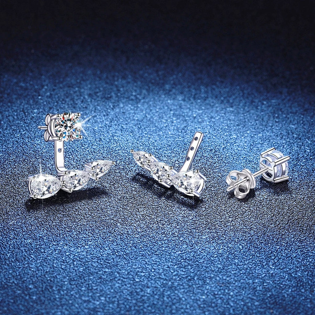 Leaf Bar Moissanite Ear Jacket Earrings with CZ in White Gold-Plated S925 Sterling Silver blue scene angled view