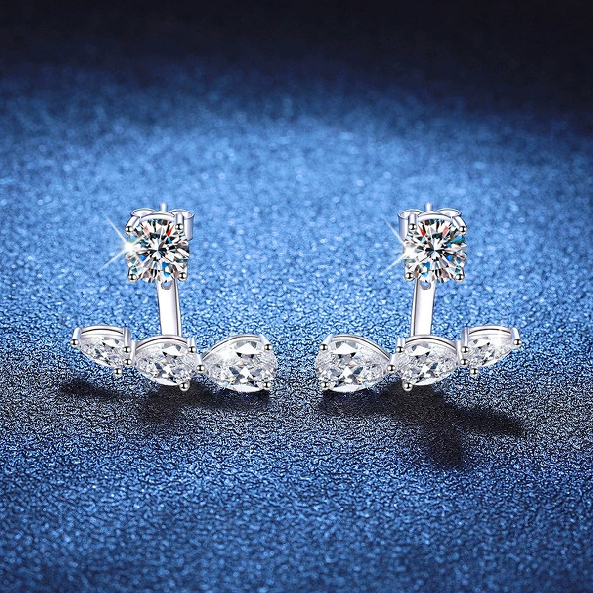 Leaf Bar Moissanite Ear Jacket Earrings with CZ in White Gold-Plated S925 Sterling Silver blue scene close-up view