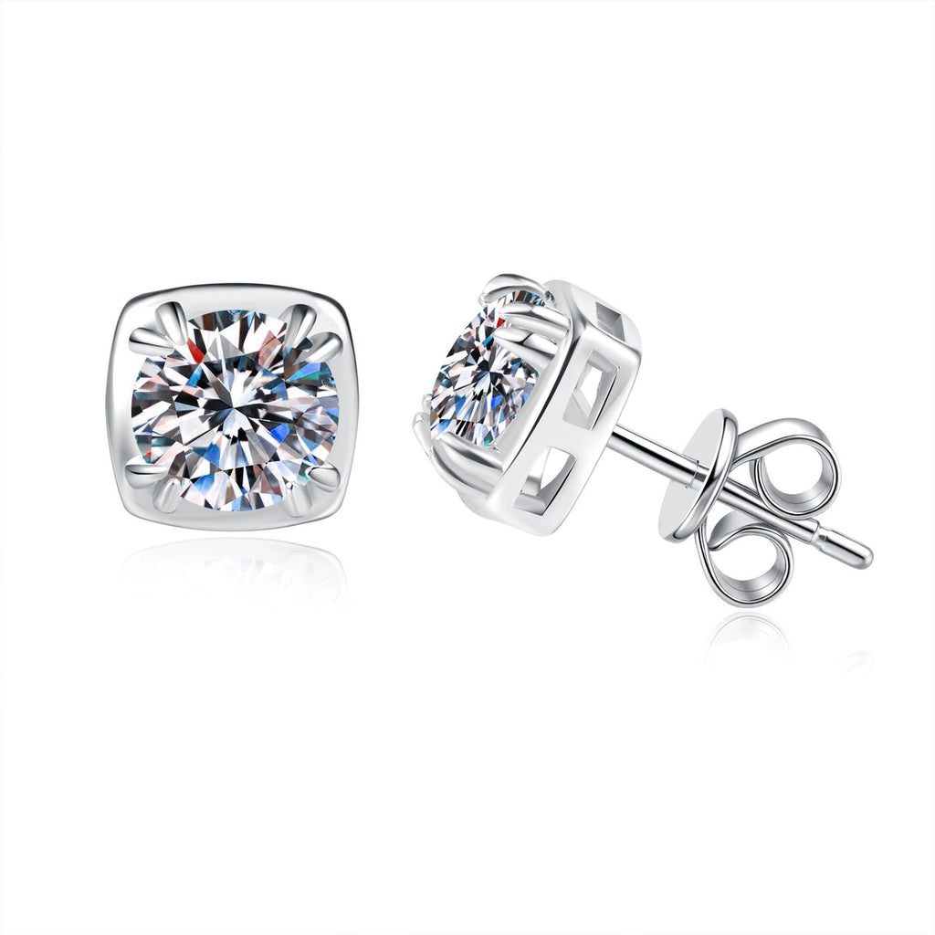 Cushion Halo Moissanite Stud Earrings in White Gold-Plated S925 Sterling Silver on clean white background showing a simple cushion halo stud with a round moissanite center