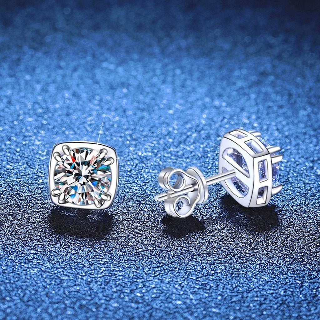 Cushion Halo Moissanite Stud Earrings in White Gold-Plated S925 Sterling Silver blue scene product view