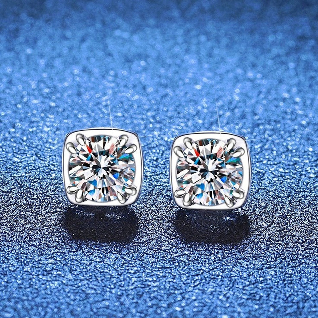 Cushion Halo Moissanite Stud Earrings in White Gold-Plated S925 Sterling Silver blue scene angled view