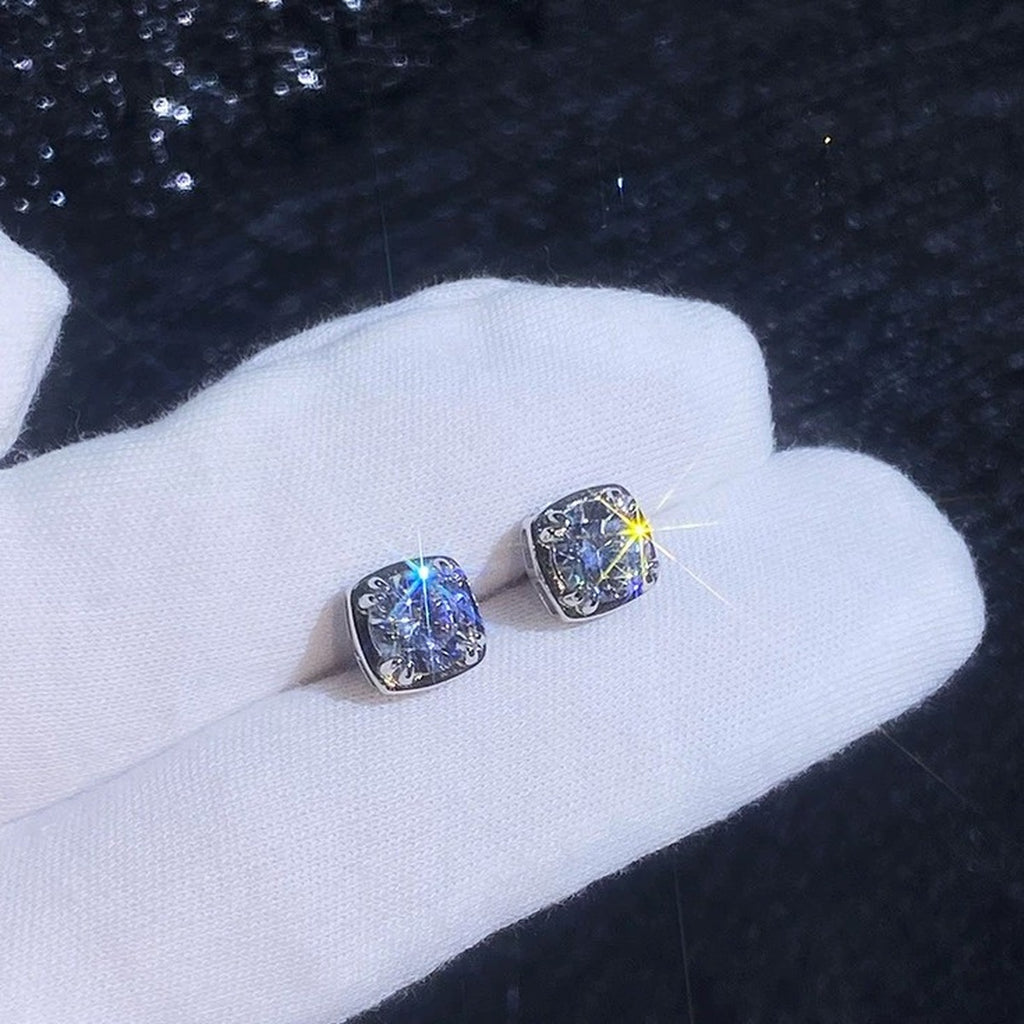 Cushion Halo Moissanite Stud Earrings in White Gold-Plated S925 Sterling Silver dark background product display view