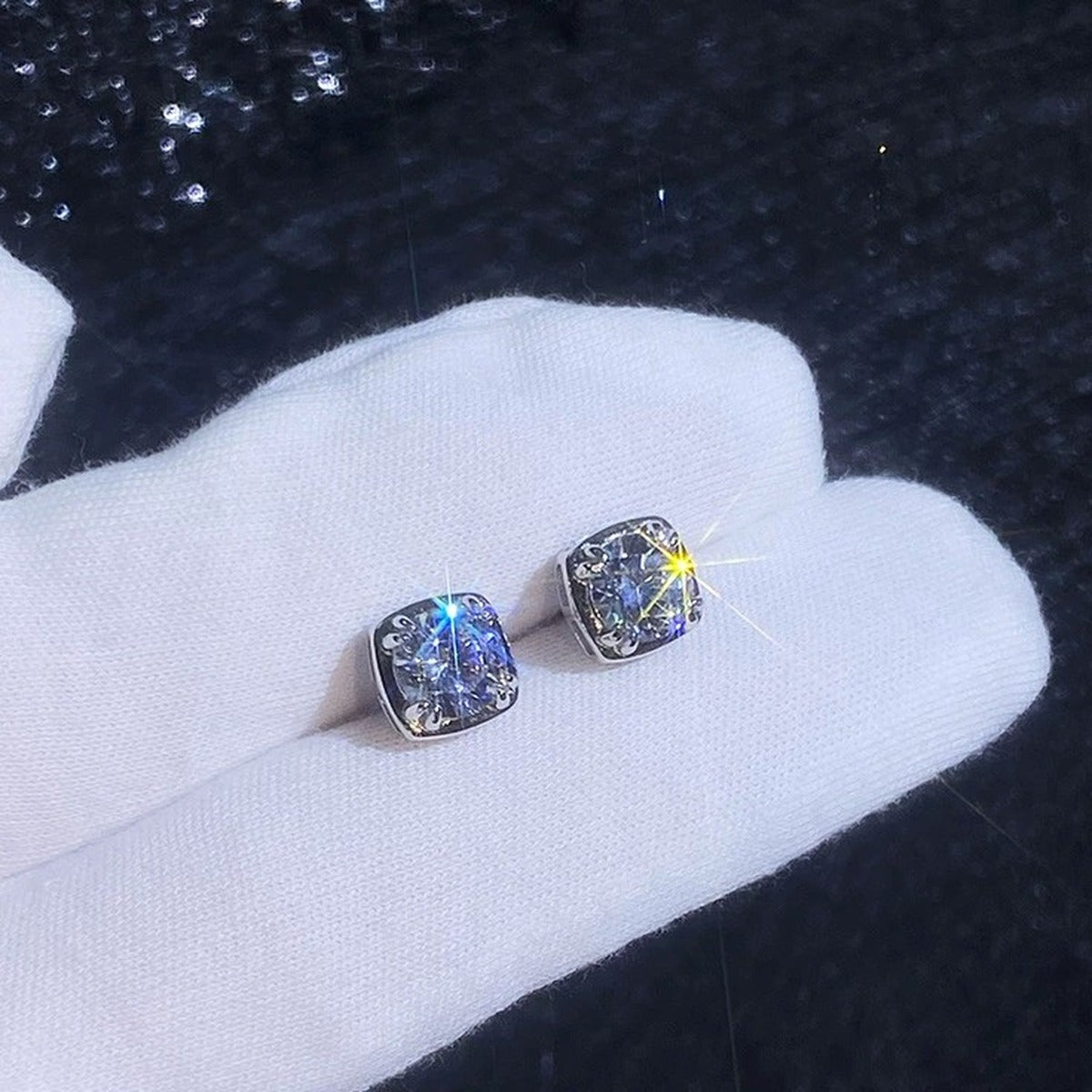 Cushion Halo Moissanite Stud Earrings in White Gold-Plated S925 Sterling Silver dark background product display view