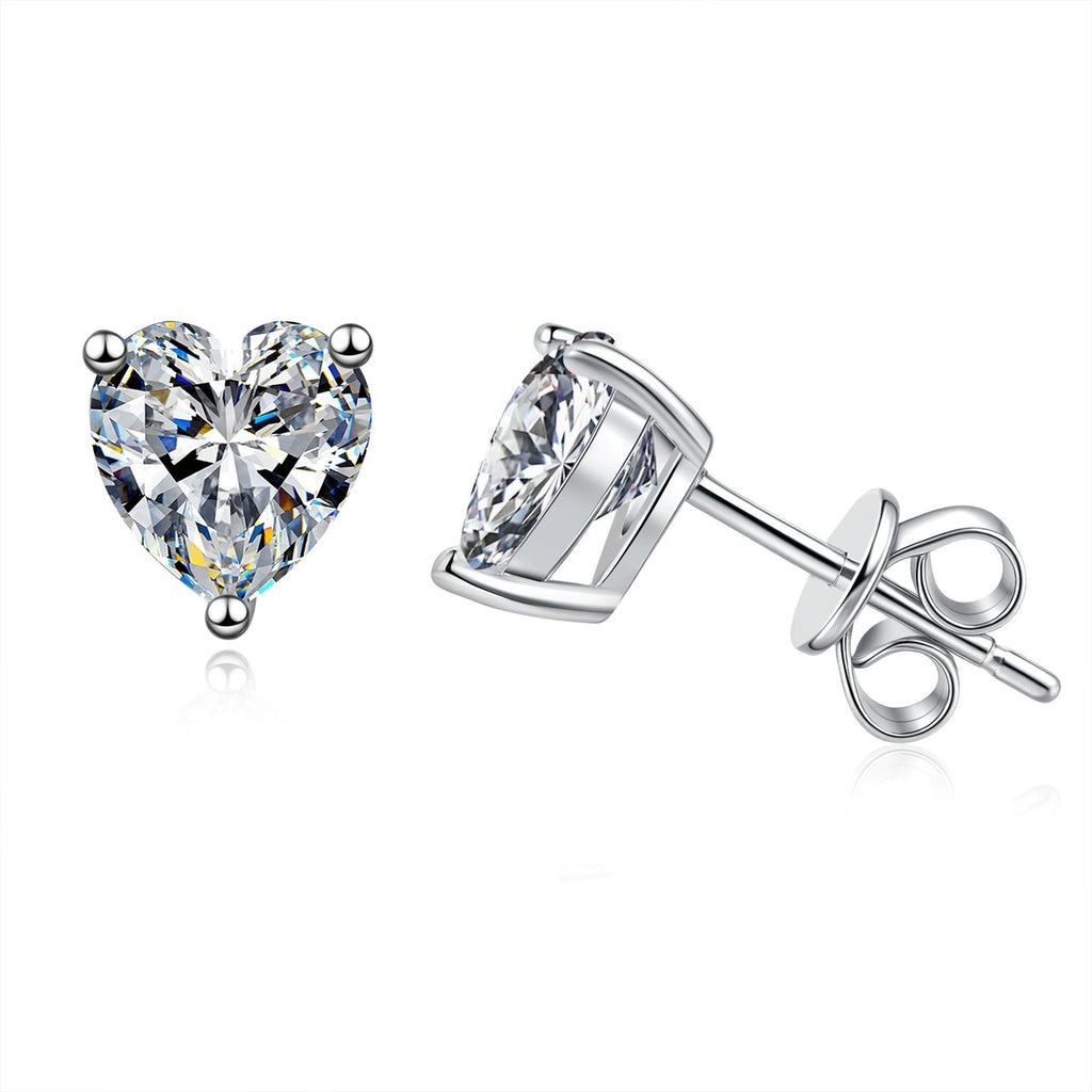 Heart Moissanite Stud Earrings in White Gold-Plated S925 Sterling Silver on clean white background showing a heart-shaped solitaire stud with a faceted moissanite center