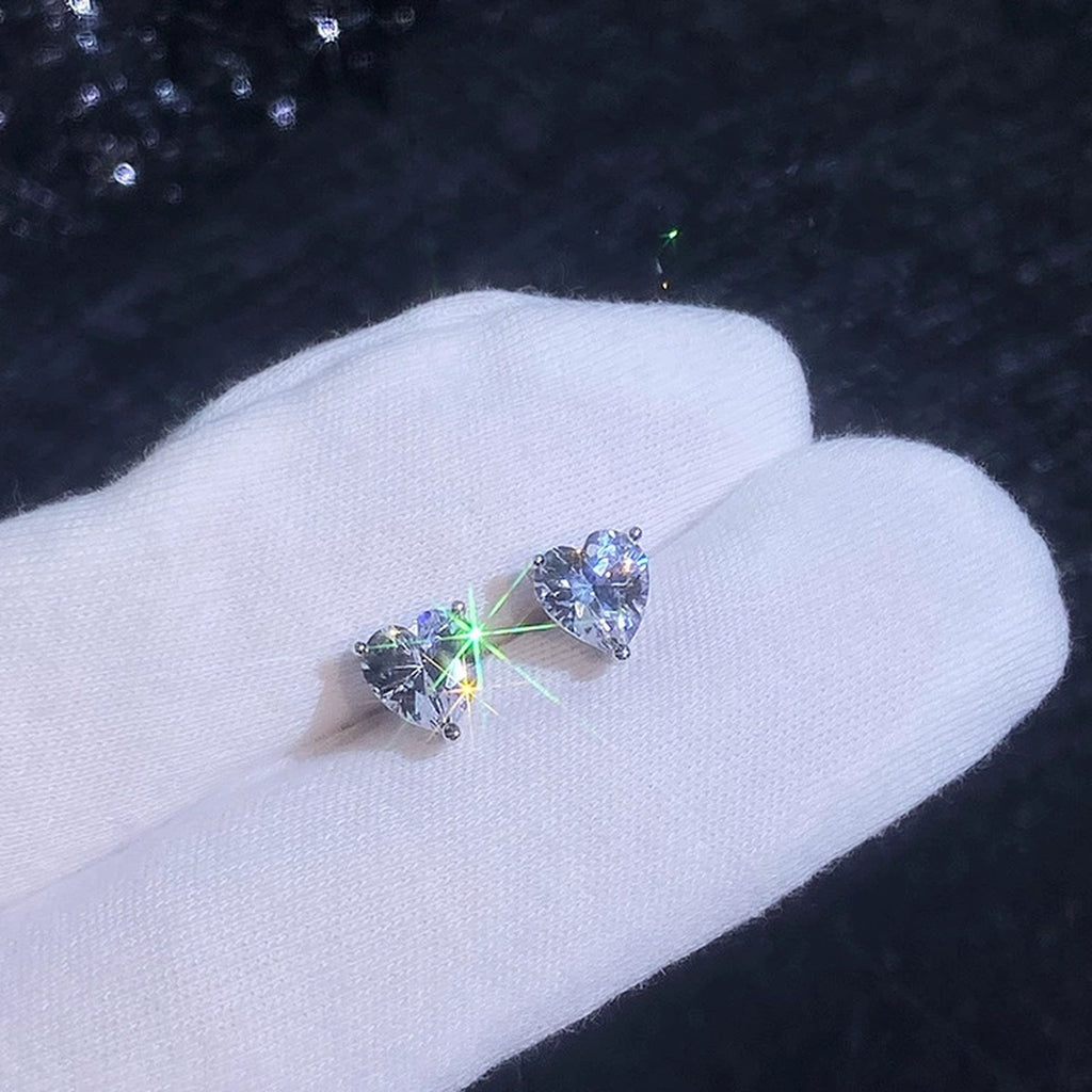 Heart Moissanite Stud Earrings in White Gold-Plated S925 Sterling Silver dark background product display view