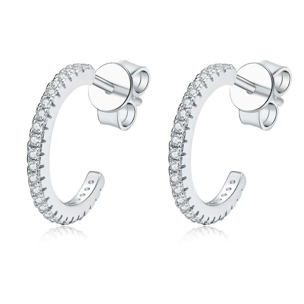 Pave Moissanite Hoop Earrings in Gold-Plated S925 Sterling Silver on clean white background showing a slim open hoop with pave moissanite along the front curve