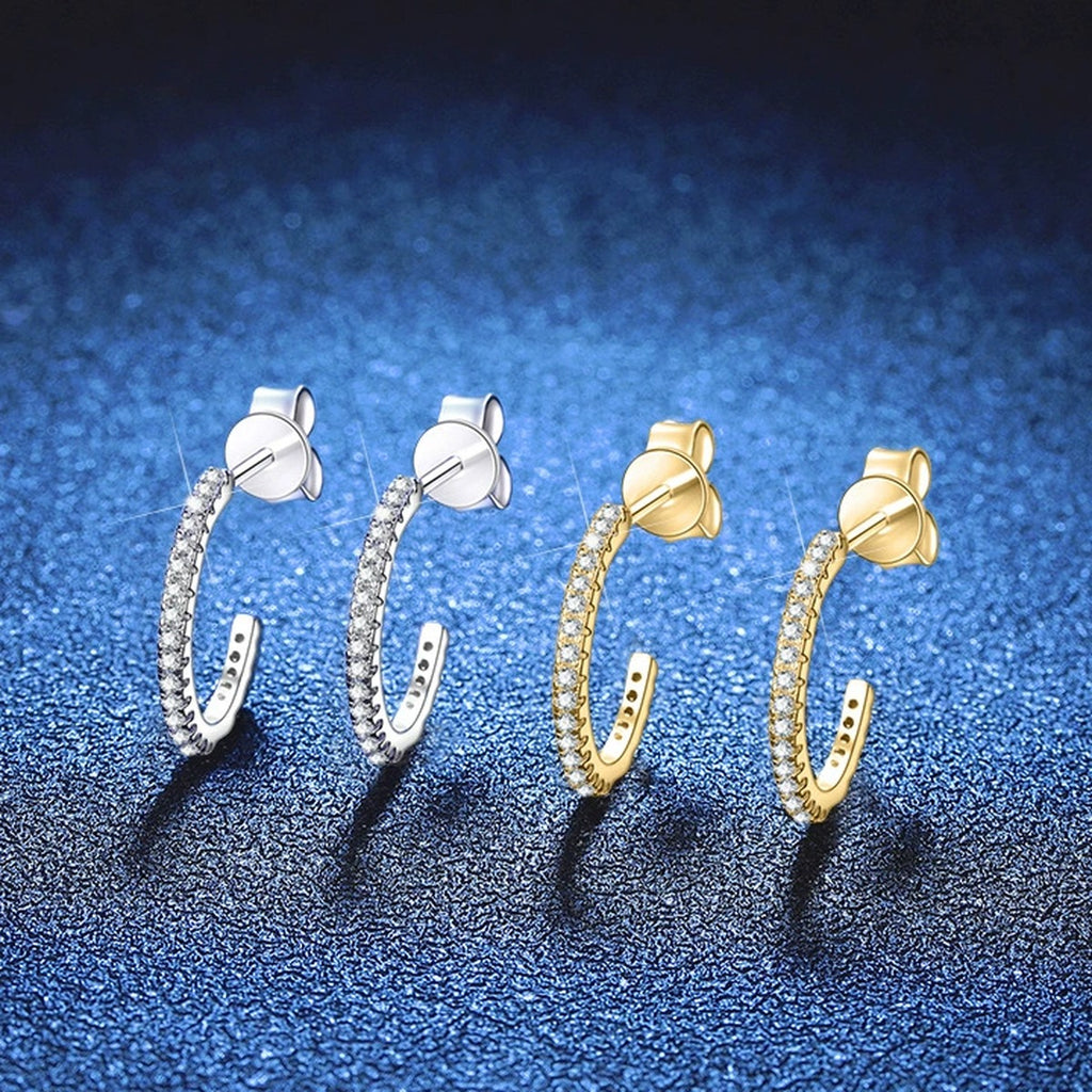 Pave Moissanite Hoop Earrings in Gold-Plated S925 Sterling Silver blue scene angled view
