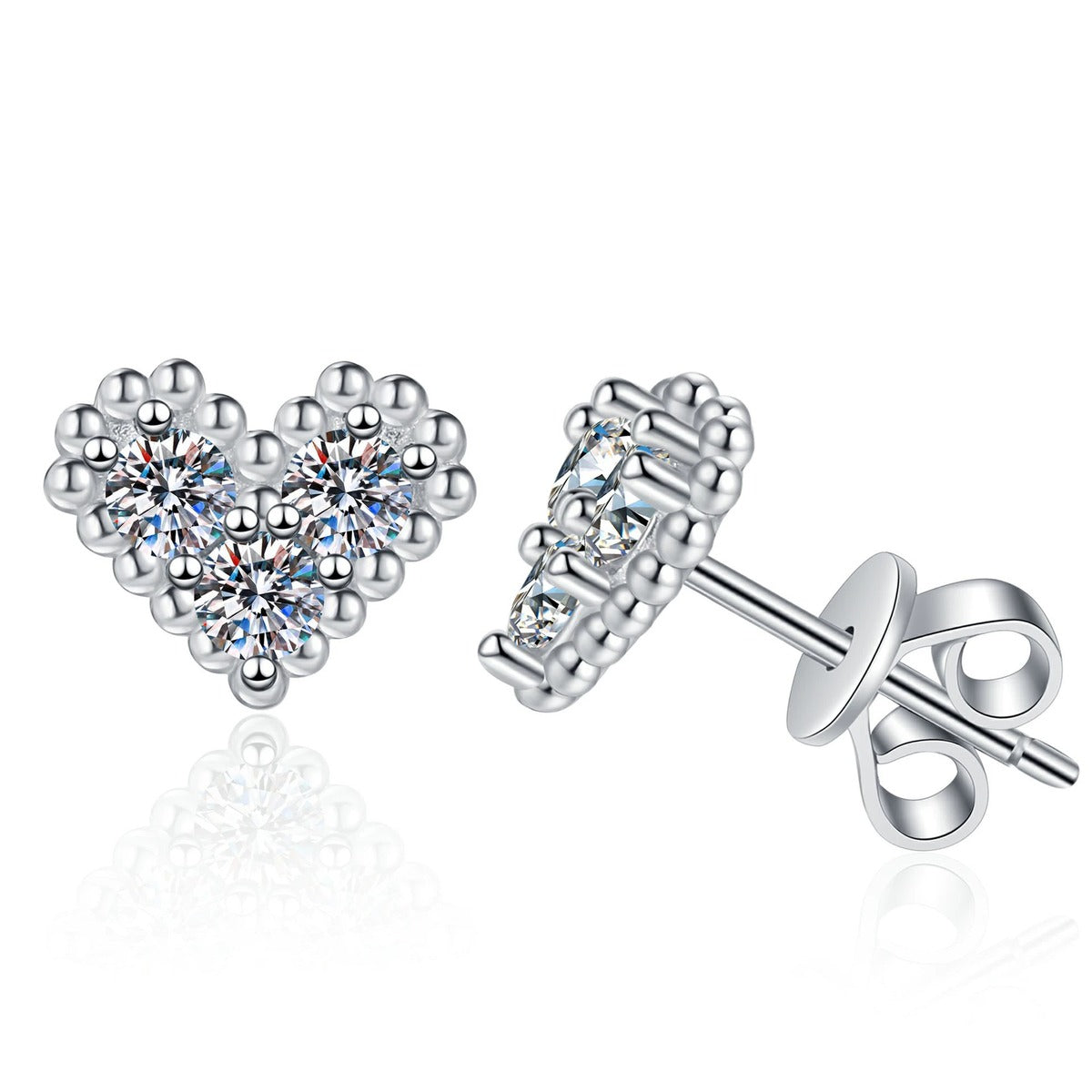 Heart Moissanite Stud Earrings in White Gold-Plated S925 Sterling Silver on clean white background showing a heart-shaped moissanite stud offered in white and pink stone colors