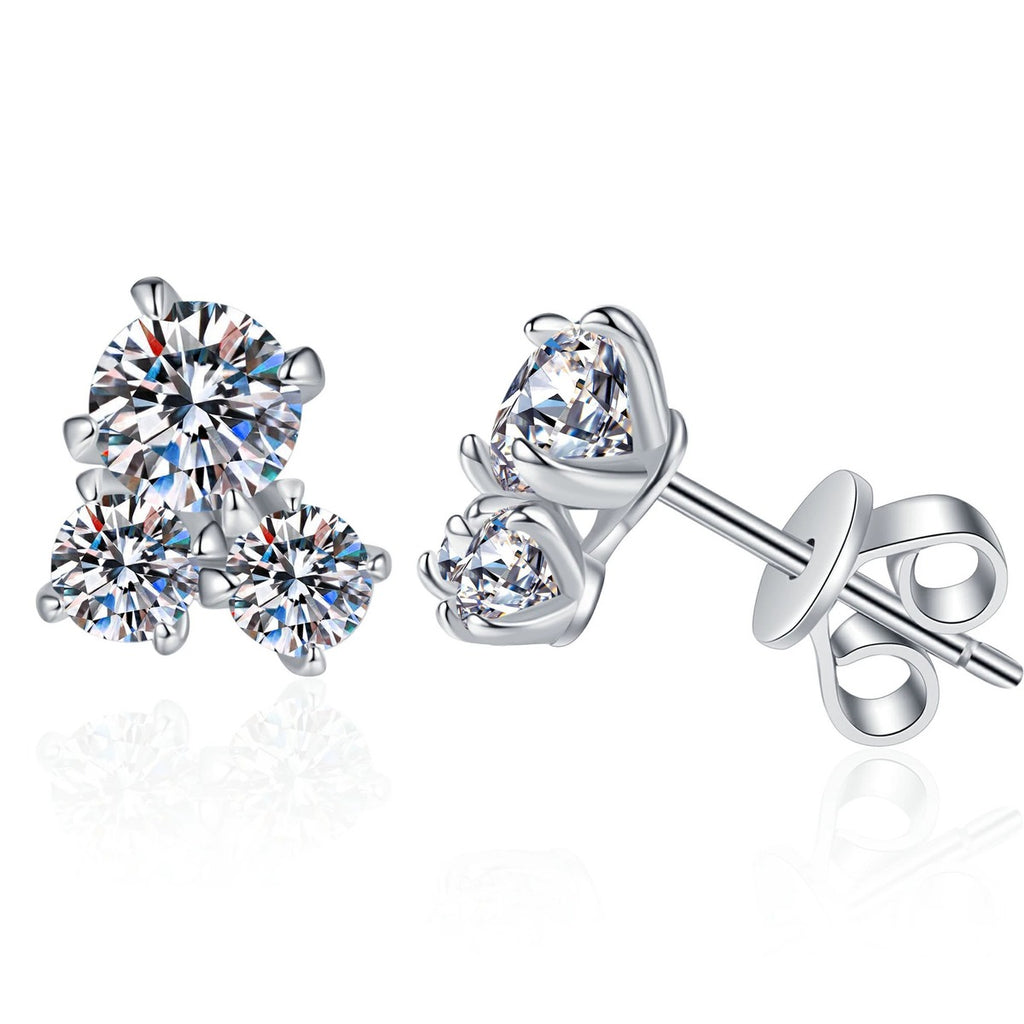 Three-Stone Moissanite Stud Earrings in White Gold-Plated S925 Sterling Silver on clean white background showing a clustered three-stone stud with two smaller round stones and one larger round stone