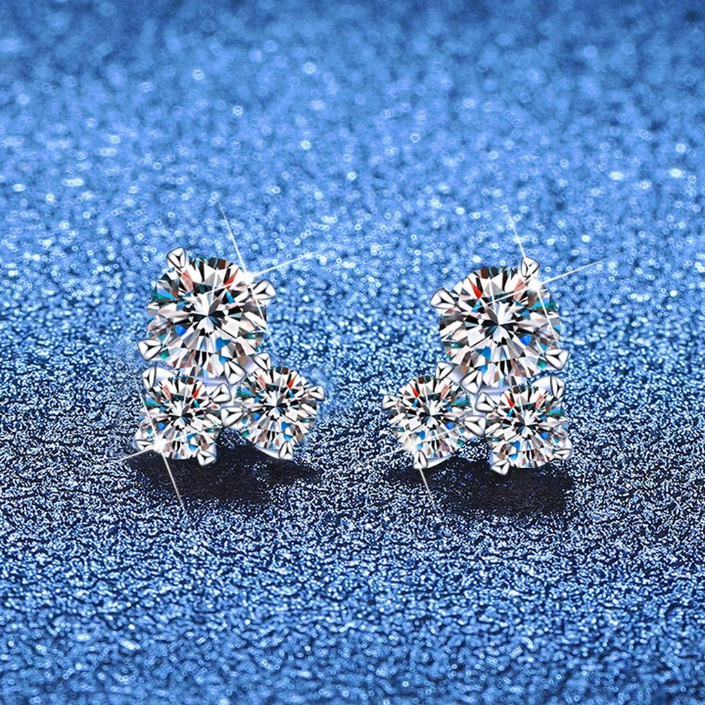 Three-Stone Moissanite Stud Earrings in White Gold-Plated S925 Sterling Silver blue scene product view