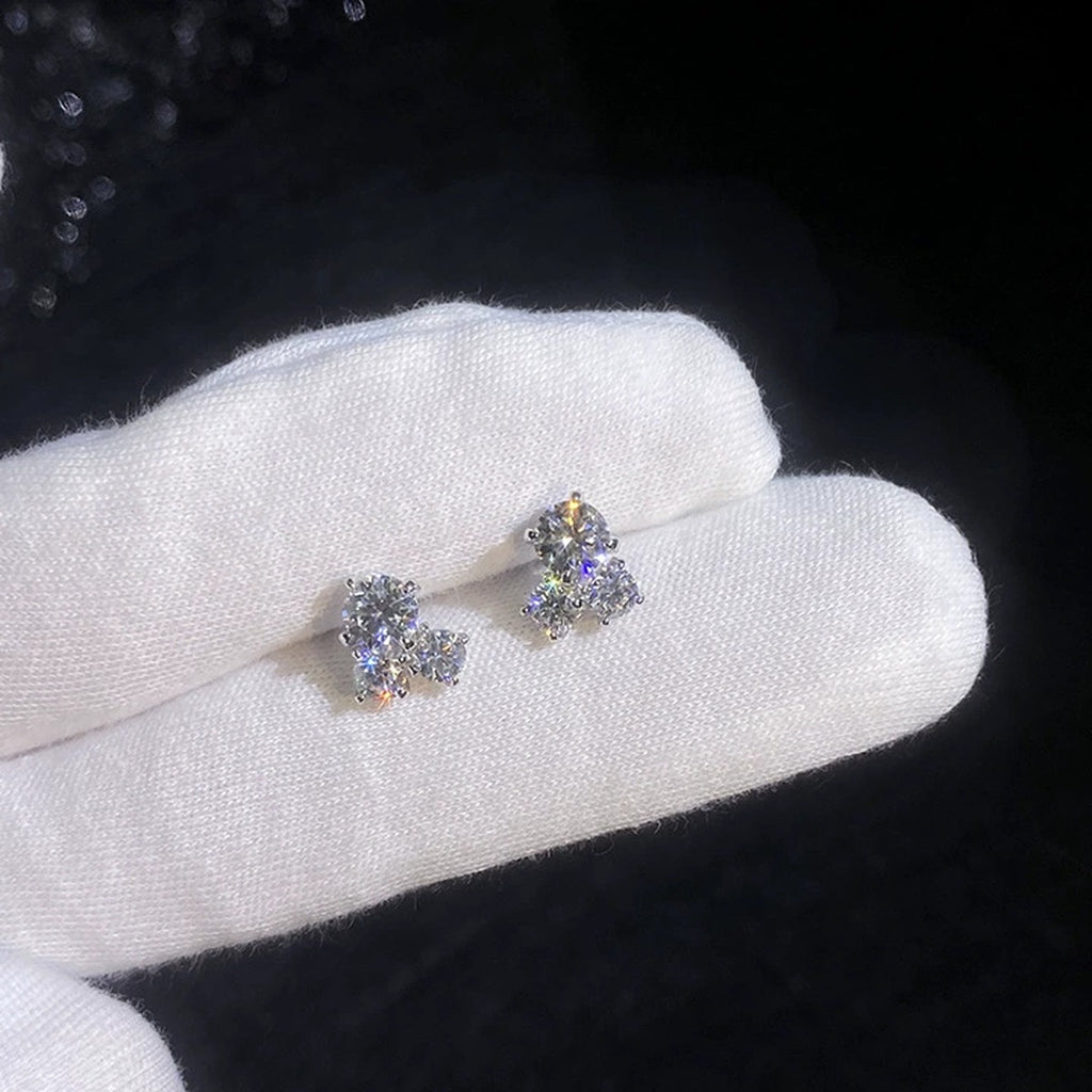 Three-Stone Moissanite Stud Earrings in White Gold-Plated S925 Sterling Silver dark background product display view