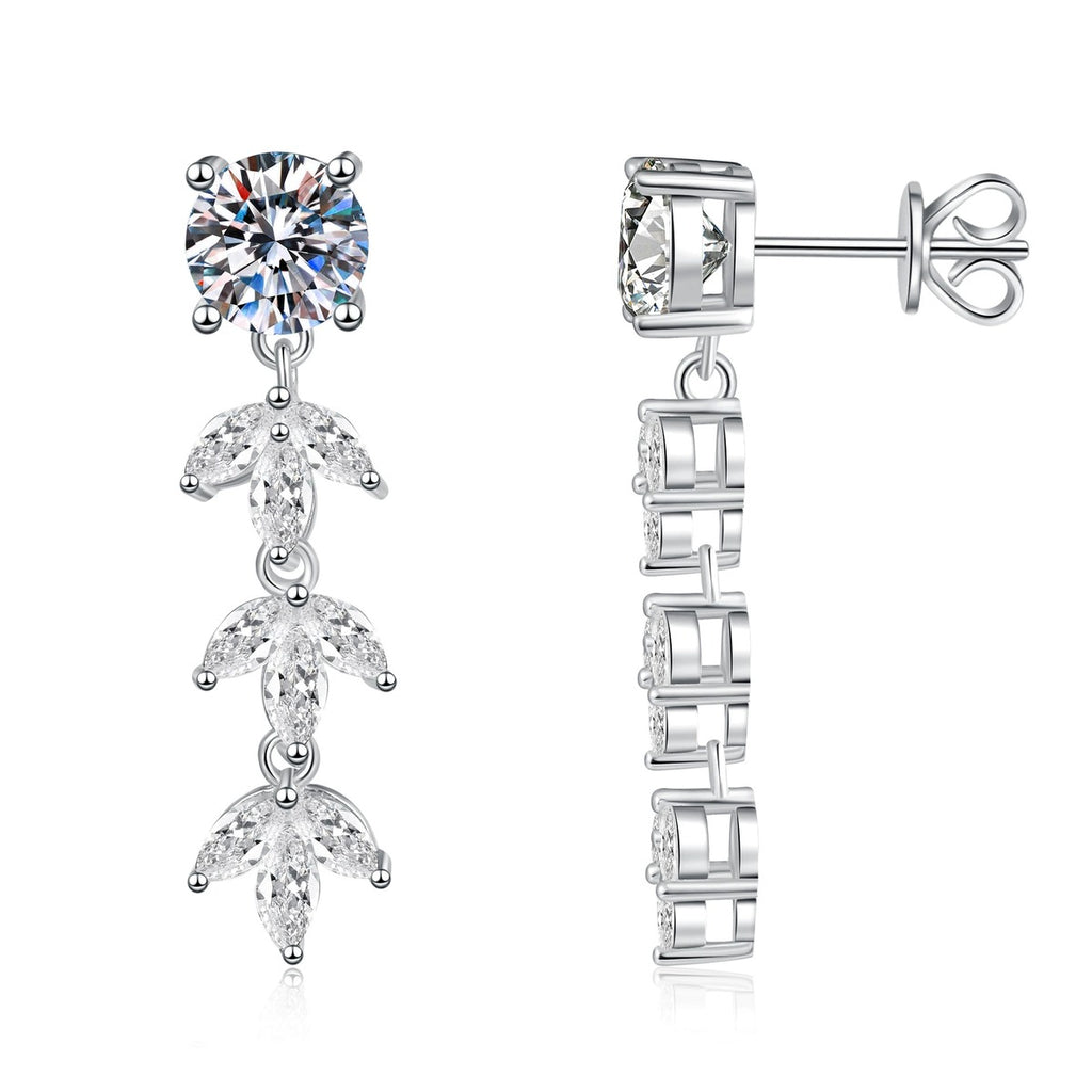 Leaf Moissanite Drop Earrings with CZ in White Gold-Plated S925 Sterling Silver on clean white background showing a long leaf drop earring with round moissanite tops and CZ leaf accents