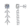 Leaf Moissanite Drop Earrings with CZ in White Gold-Plated S925 Sterling Silver on clean white background showing a long leaf drop earring with round moissanite tops and CZ leaf accents