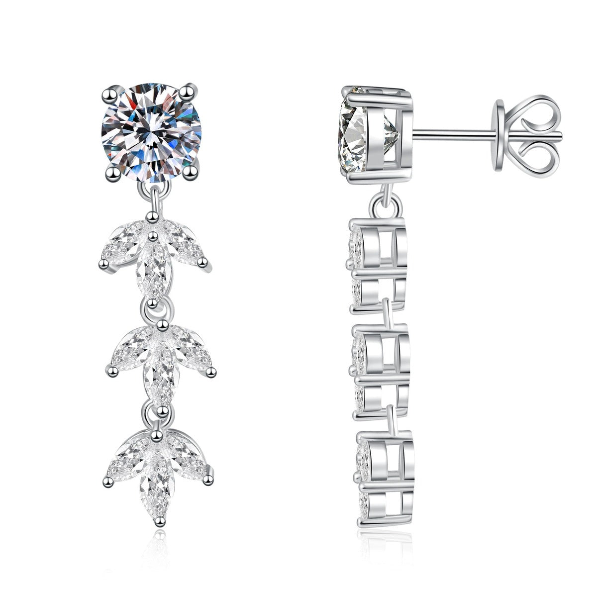 Leaf Moissanite Drop Earrings with CZ in White Gold-Plated S925 Sterling Silver on clean white background showing a long leaf drop earring with round moissanite tops and CZ leaf accents
