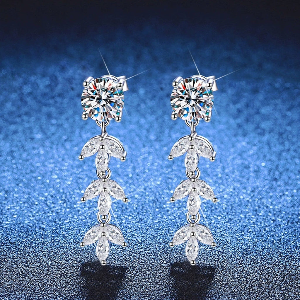 Leaf Moissanite Drop Earrings with CZ in White Gold-Plated S925 Sterling Silver blue scene product view