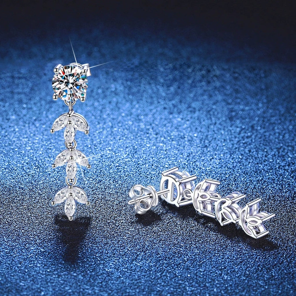 Leaf Moissanite Drop Earrings with CZ in White Gold-Plated S925 Sterling Silver blue scene angled view