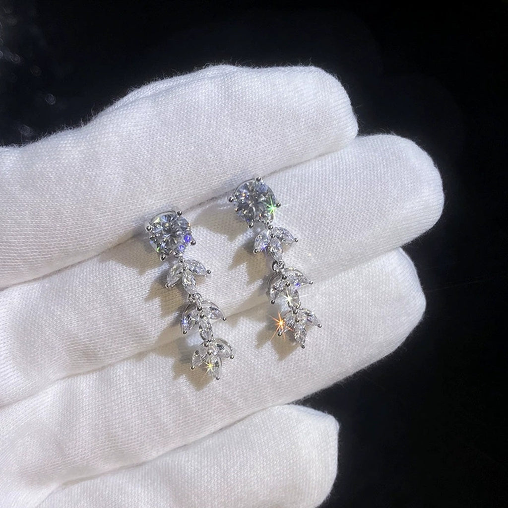 Leaf Moissanite Drop Earrings with CZ in White Gold-Plated S925 Sterling Silver dark background product display view