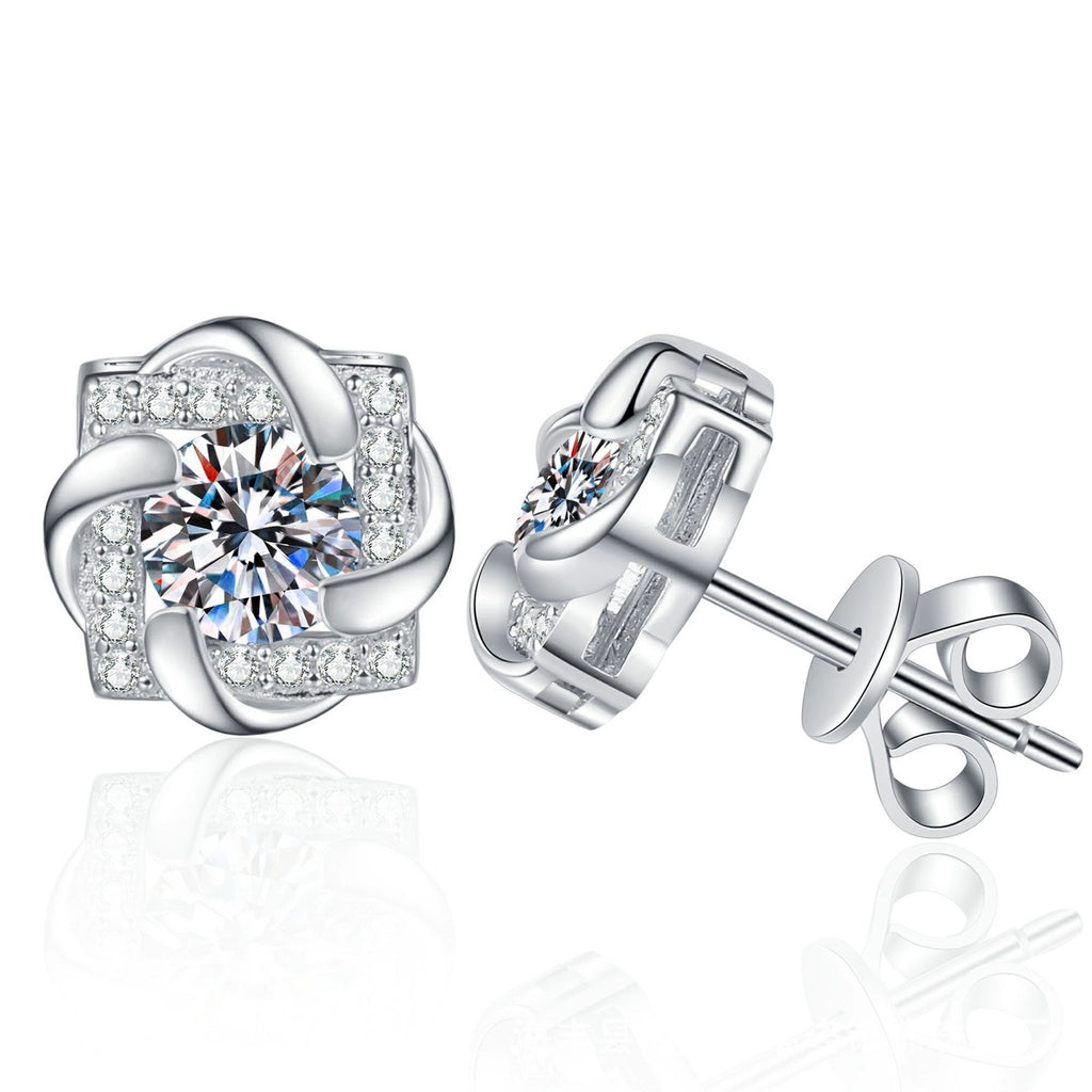 Floral Moissanite Stud Earrings with CZ in White Gold-Plated S925 Sterling Silver on clean white background showing a rounded floral stud with a round moissanite center and CZ petals
