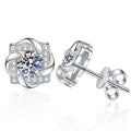 Floral Moissanite Stud Earrings with CZ in White Gold-Plated S925 Sterling Silver on clean white background showing a rounded floral stud with a round moissanite center and CZ petals
