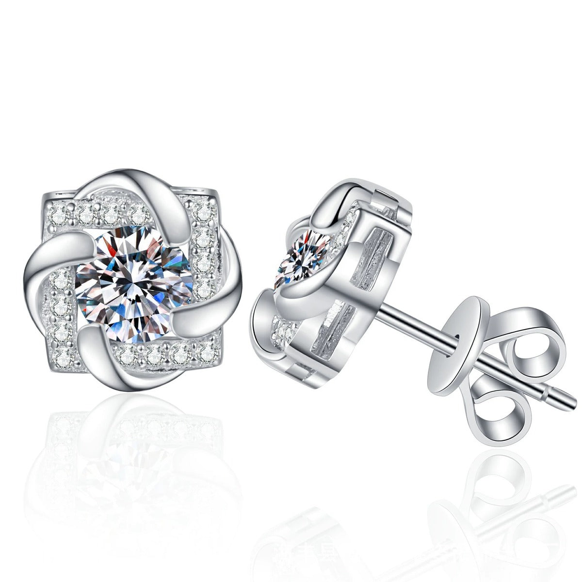 Floral Moissanite Stud Earrings with CZ in White Gold-Plated S925 Sterling Silver on clean white background showing a rounded floral stud with a round moissanite center and CZ petals