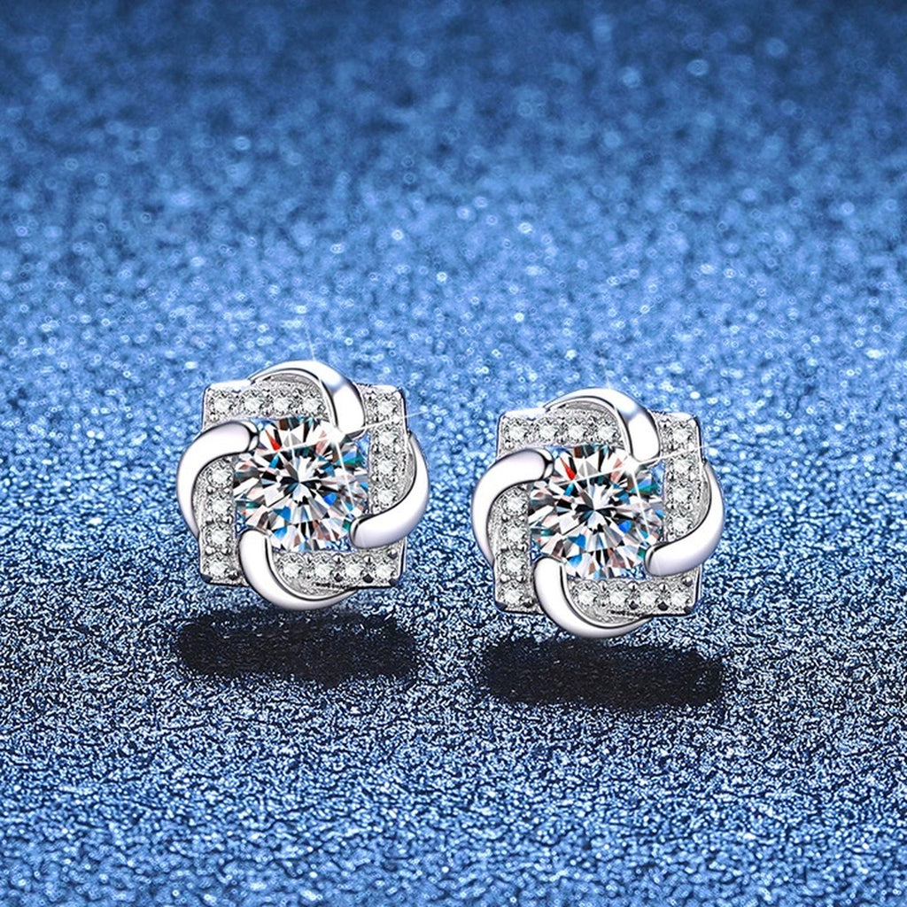 Floral Moissanite Stud Earrings with CZ in White Gold-Plated S925 Sterling Silver blue scene product view