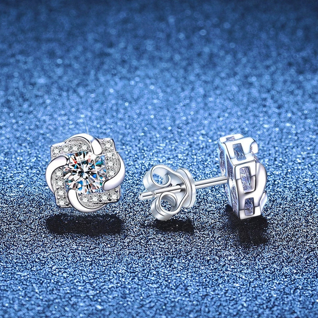 Floral Moissanite Stud Earrings with CZ in White Gold-Plated S925 Sterling Silver blue scene angled view