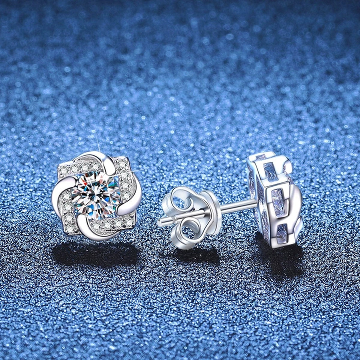Floral Moissanite Stud Earrings with CZ in White Gold-Plated S925 Sterling Silver blue scene angled view